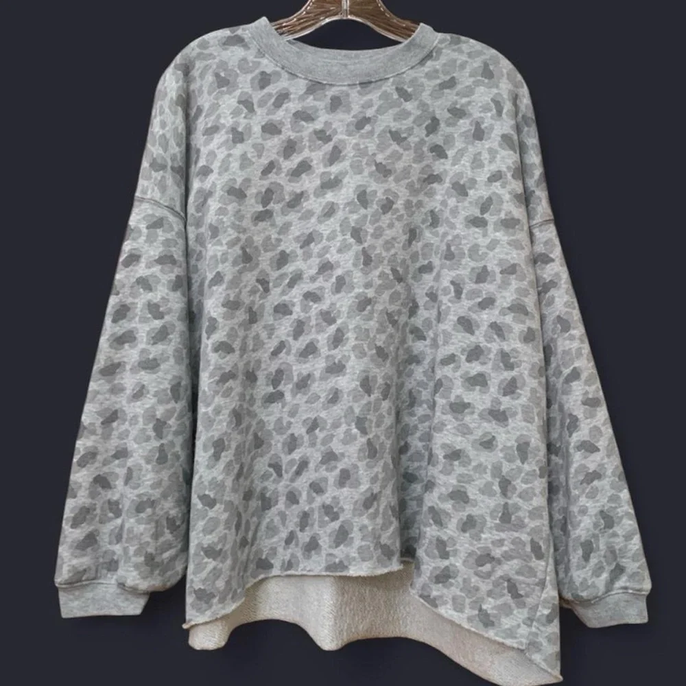 Aerie oversized animal print crew neck sweatshirt with raw hem